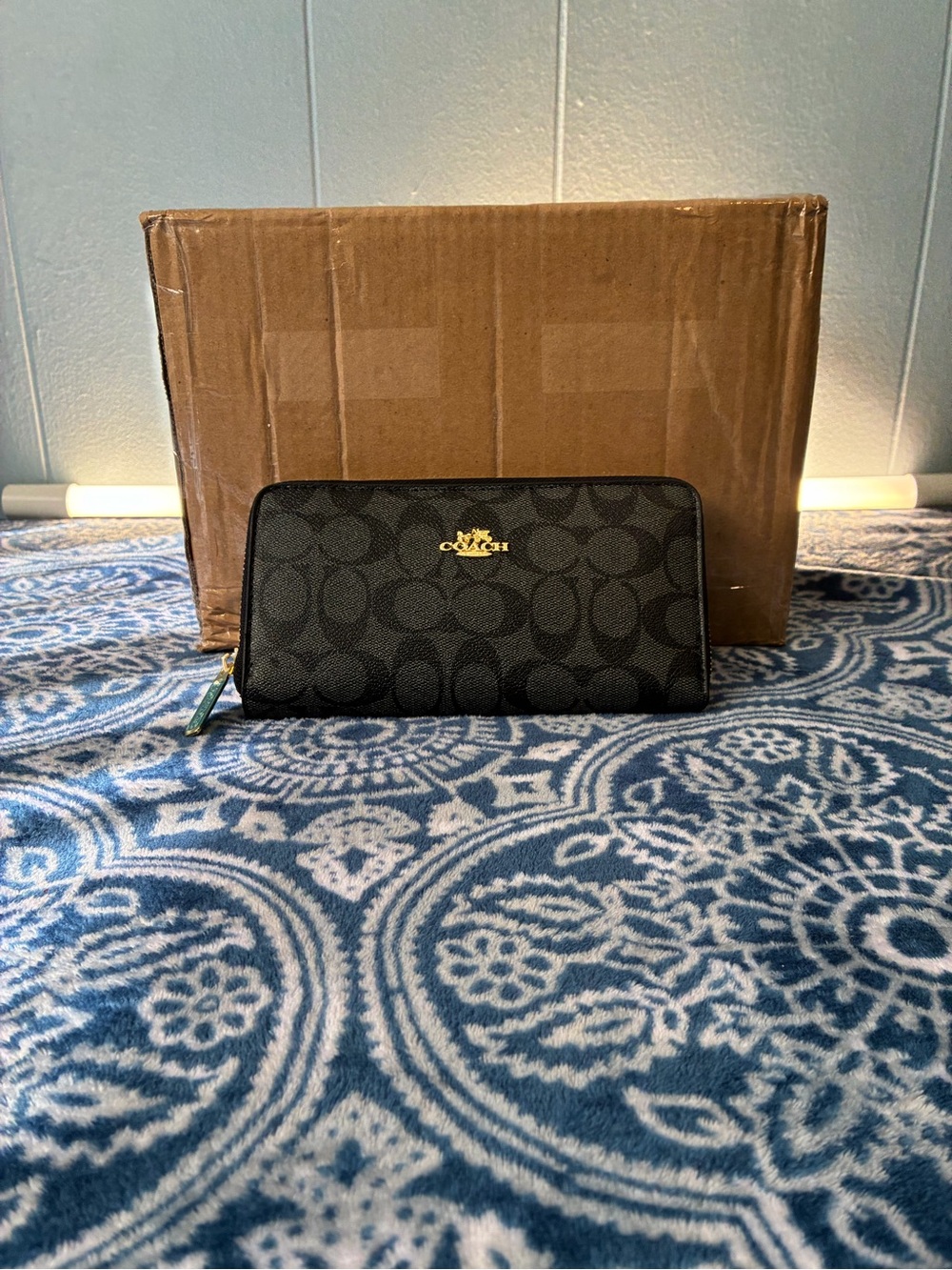 Coach Black Signature Zip-Around Continental Wallet with Gold Logo